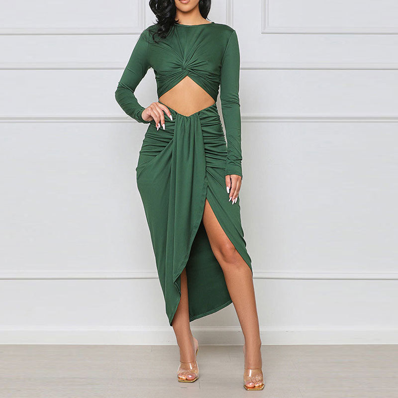 Solid Long Sleeve Cut Out Ruched Irregular Midi Dress