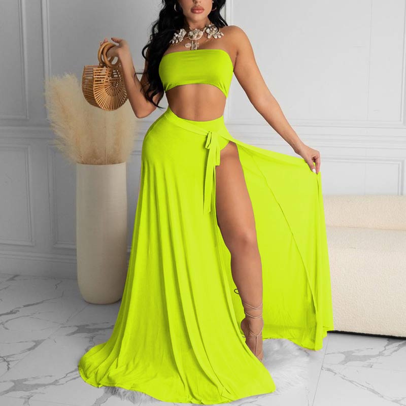 Solid Off Shoulder High Split Three Piece Skirts Set