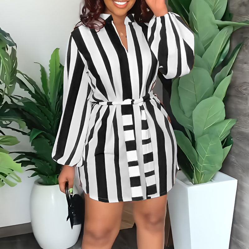 Striped Pattern Long Sleeve Belted Shirt Dress