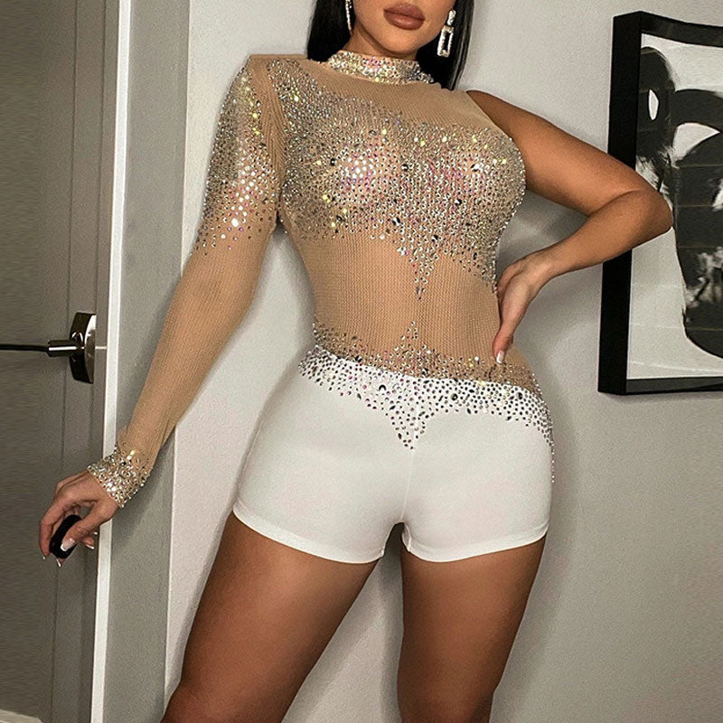 Rhinestone One Sleeve Mesh Patchwork Romper