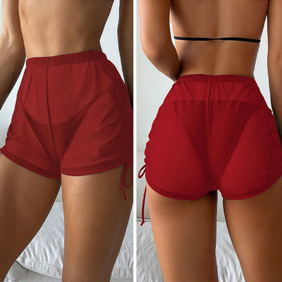 Solid Sheer Mesh Drawstring Beach Shorts