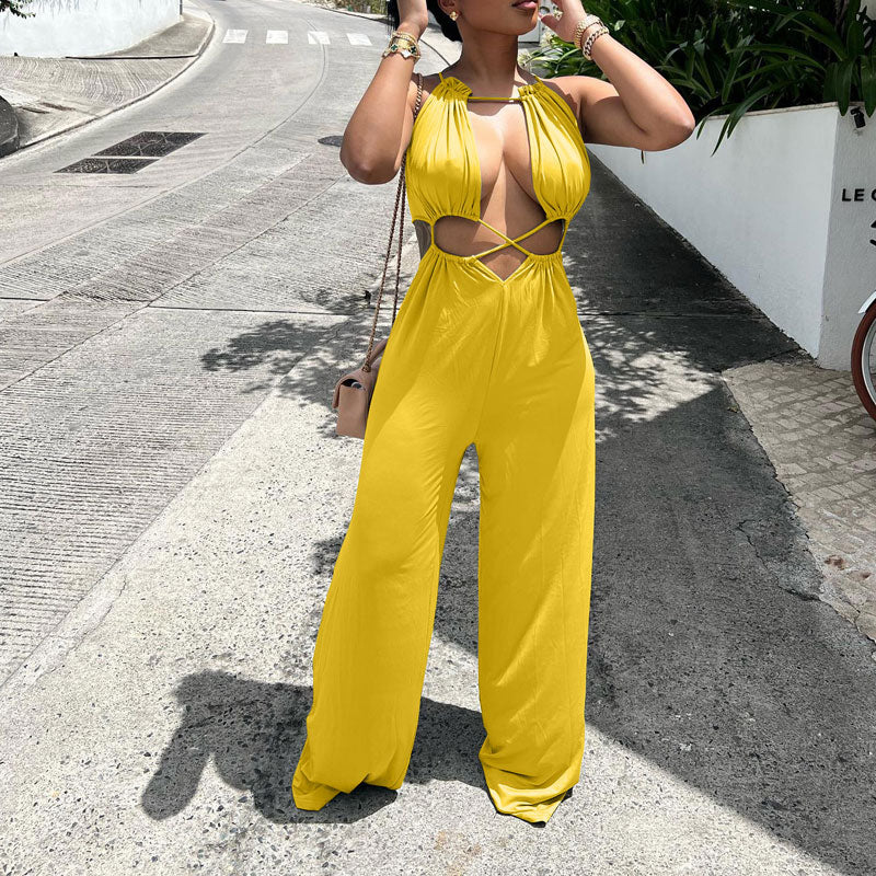 Solid Sleeveless Cut Out Wide Leg Jumpsuit