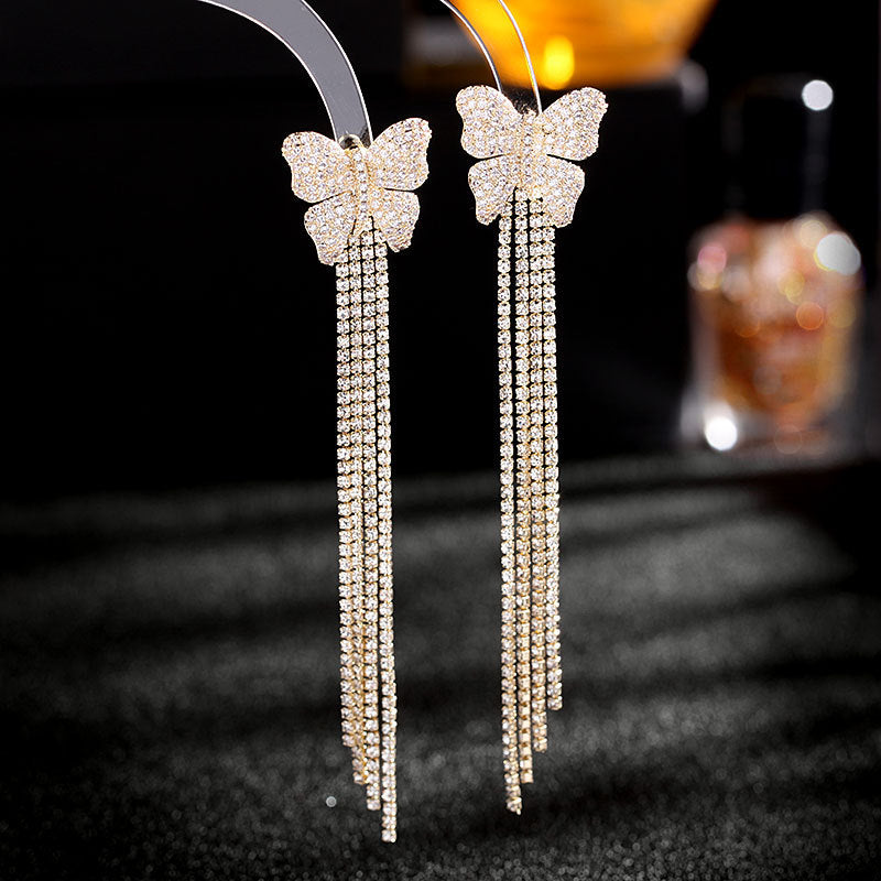 Rhinestone Butterfly Shaped Tassel Design Earrings