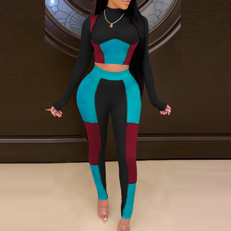 Contrast Colorblock Long Sleeve Top & High Waist Pants Set