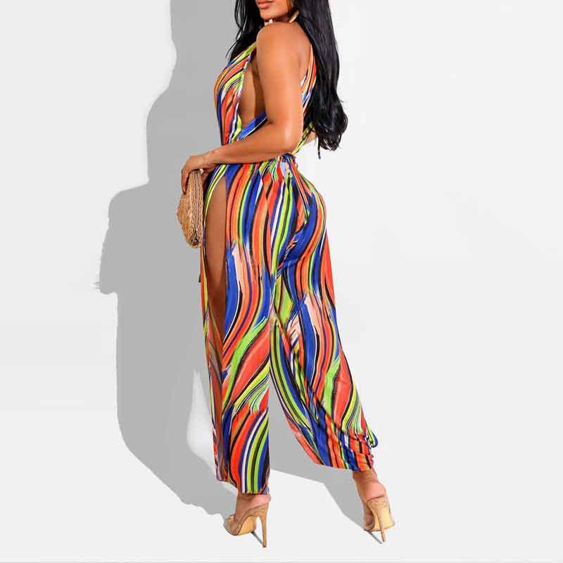 Print Sleeveless Cut Out Slit Jumpsuit