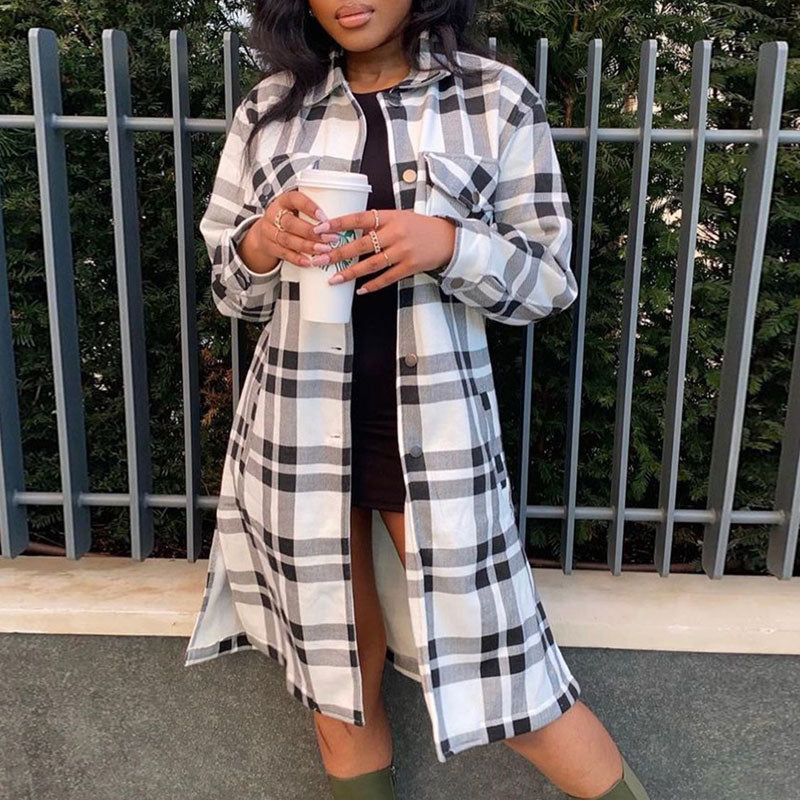 Plaid Pattern Long Sleeve Button Detailed Coat