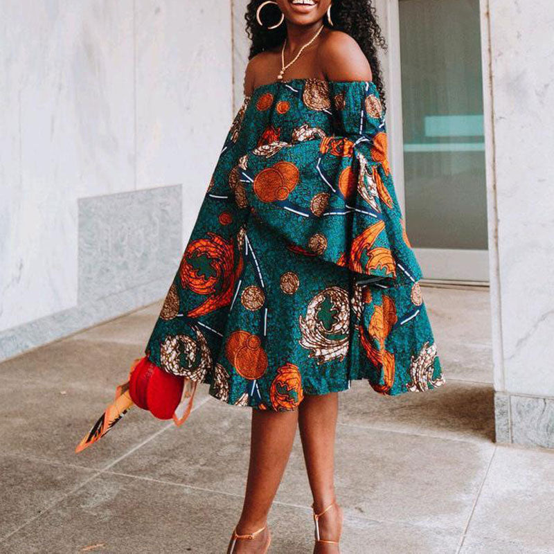 Print Off  Shoulder Flared Sleeve Loose Dress