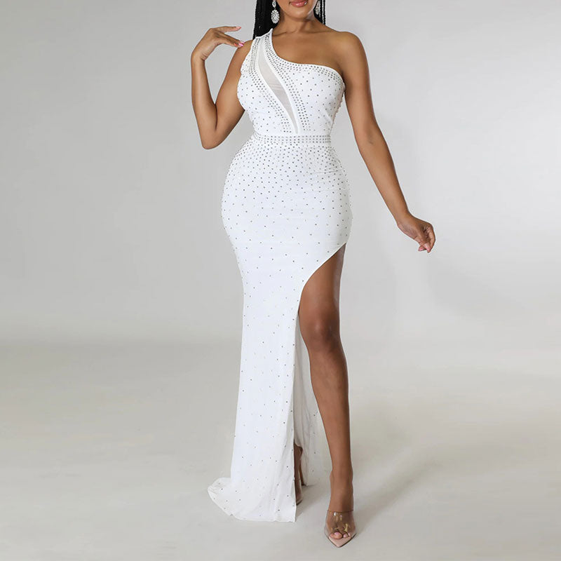 Rhinestone One Shoulder Sleeveless High Slit Maxi Dress