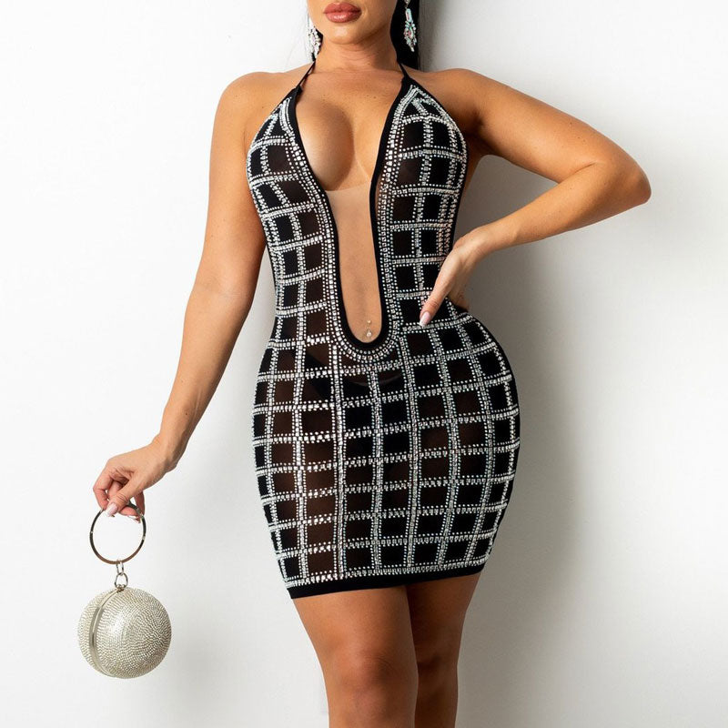 Rhinestone Sleeveless Halter Sheer Mesh Bodycon Dress