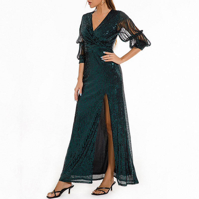 Sequins V-Neck Tassel Sleeve High Slit Dress