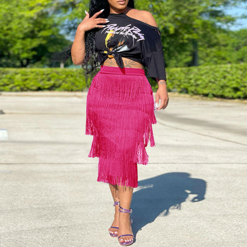 Print One Shoulder Crop Top & Tassel Design Skirt Set