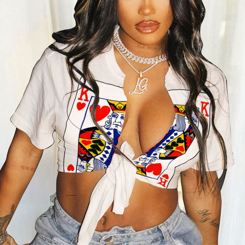 Poker Print Short Sleeve Tied Crop Top