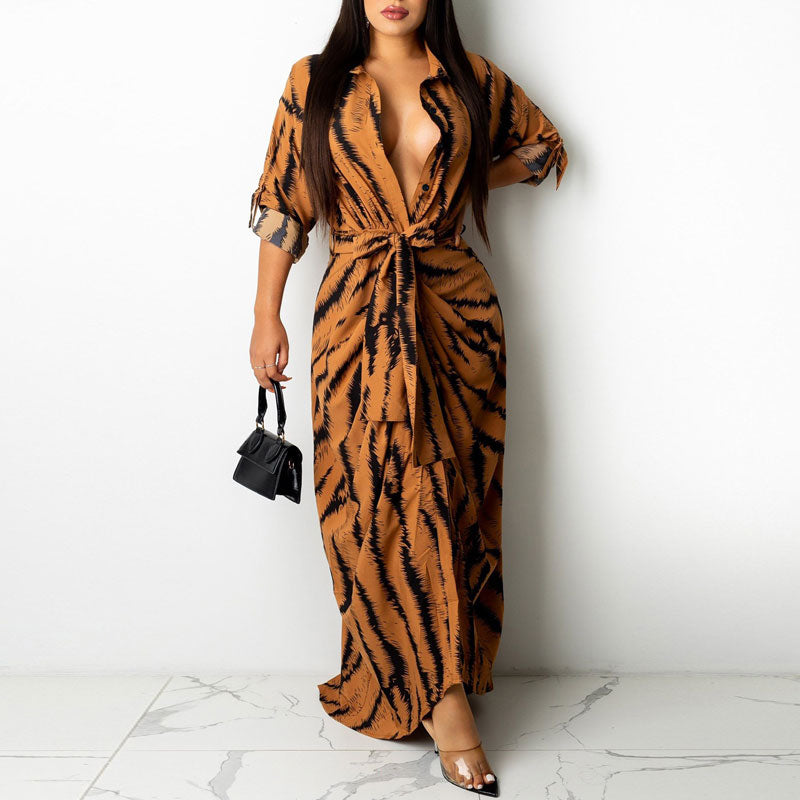 Print V-Neck Long Sleeve Bleted Maxi Shirt Dress