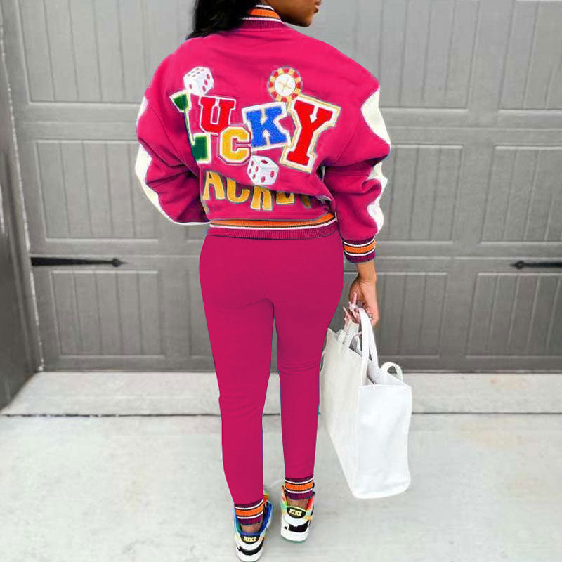 Letter Print Long Sleeve Baseball Coat & Pants Set