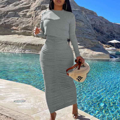 Solid Long Sleeve Ruched Dress Set