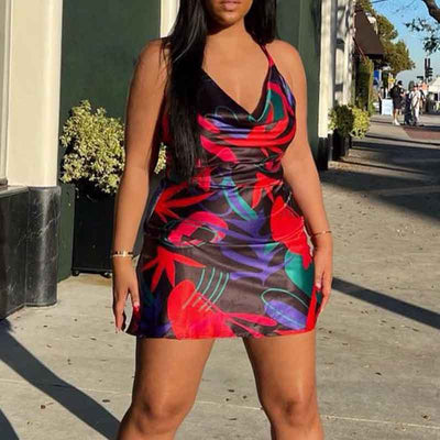 Print Sleeveless Halter Cowl Neck Mini Dress