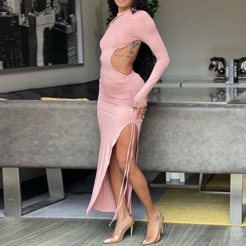 Solid Long Sleeve Cut Out High Slit Maxi Dress