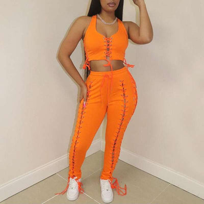 Solid Sleeveless Lace Up Tube Top & Pants Set