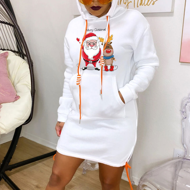 Santa Claus & Elk Pattern Long Sleeve Hoodie Dress