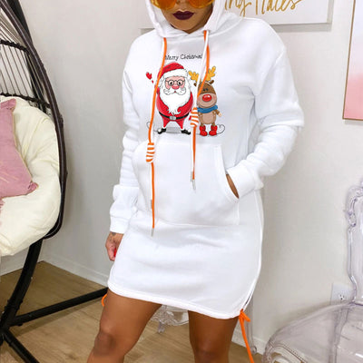 Santa Claus & Elk Pattern Long Sleeve Hoodie Dress