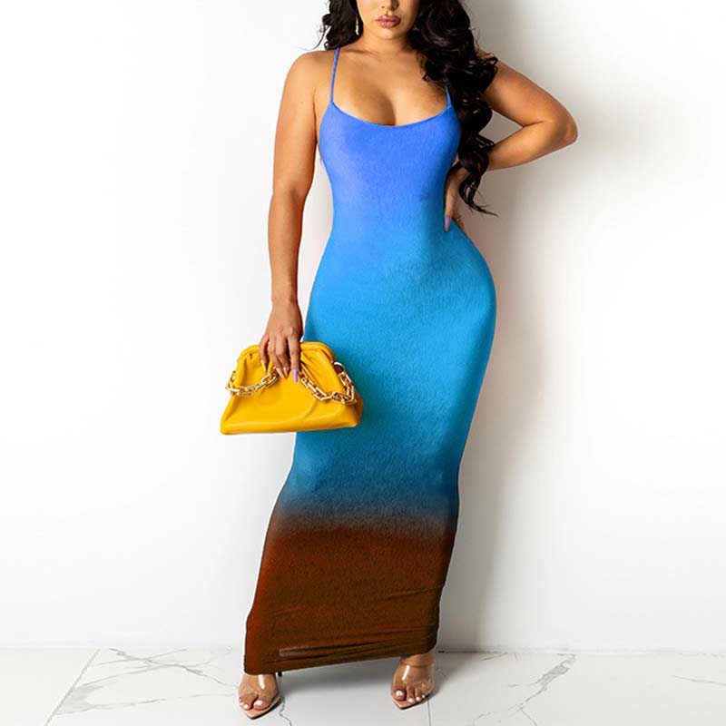 Gradient Color Sleeveless Backless Maxi Dress