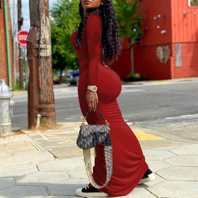 Solid U Neck Long Sleeve Maxi Dress