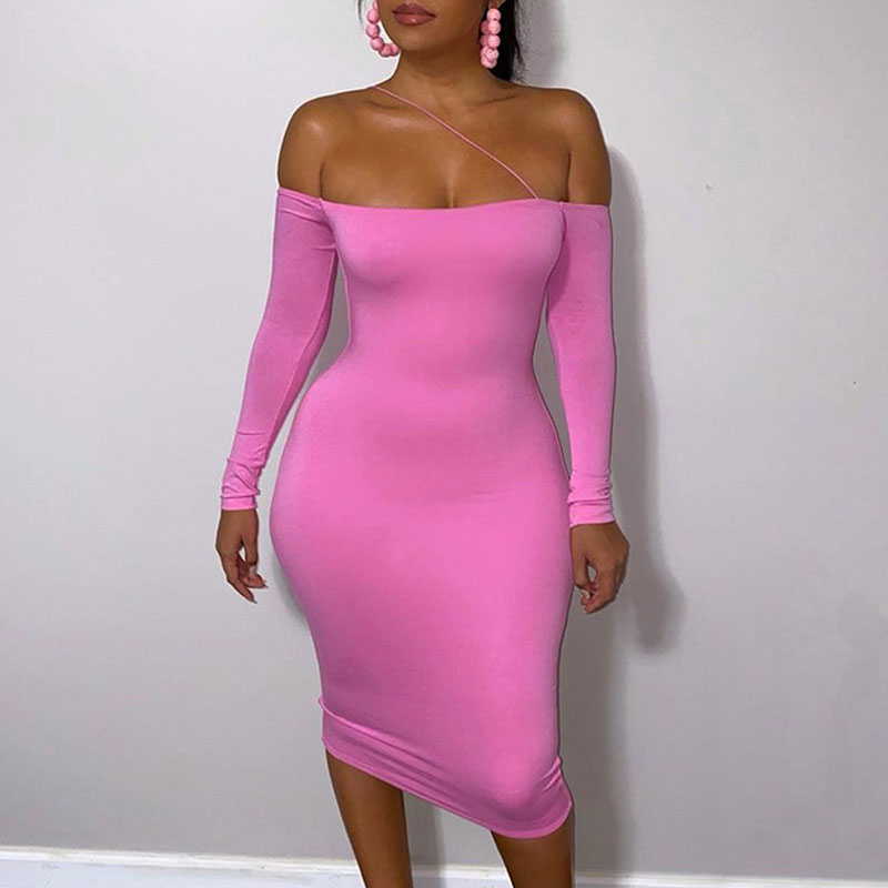 Solid Off Shoulder Long Sleeve Midi Dress