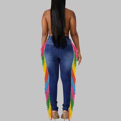 Colorful High Waist Tassel Design Denim Pants