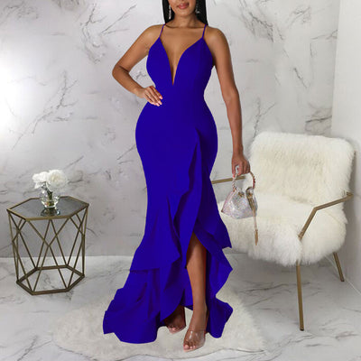 Solid Sleeveless Deep V-Neck High Slit Ruffle Design Maxi Dress