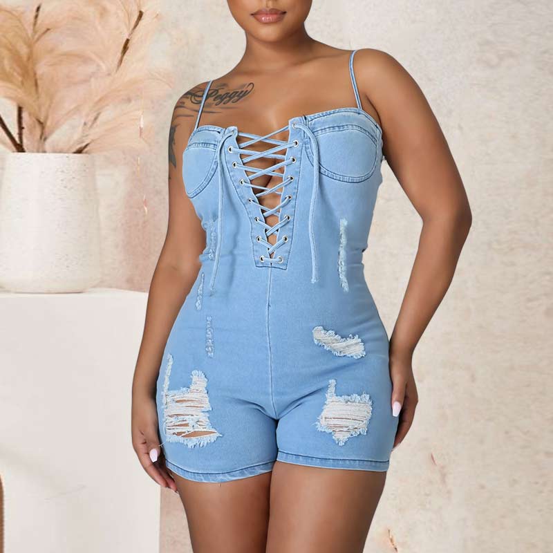 Denim Sleeveless Hollow Out Lace Up Romper