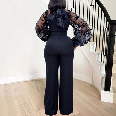 Floral Pattern Long Sleeve Sheer Mesh Wide Leg Jumpsuit With Belt