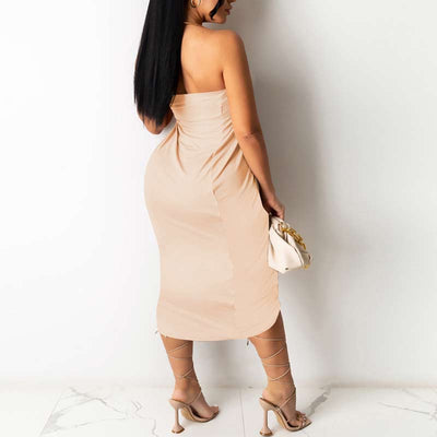 Solid Off Shoulder Ruched Irregular Midi Dress