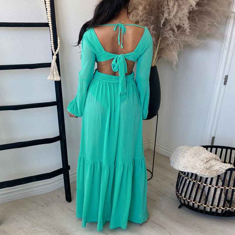 Solid Deep V-Neck Long Sleeve High Slit Maxi Dress