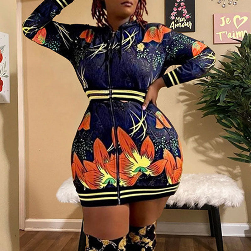 Floral Print Long Sleeve Hoodie Plus Size Dress