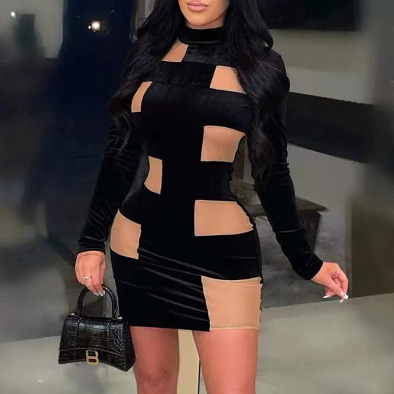 Colorblock Velvet Long Sleeve Bodycon Dress