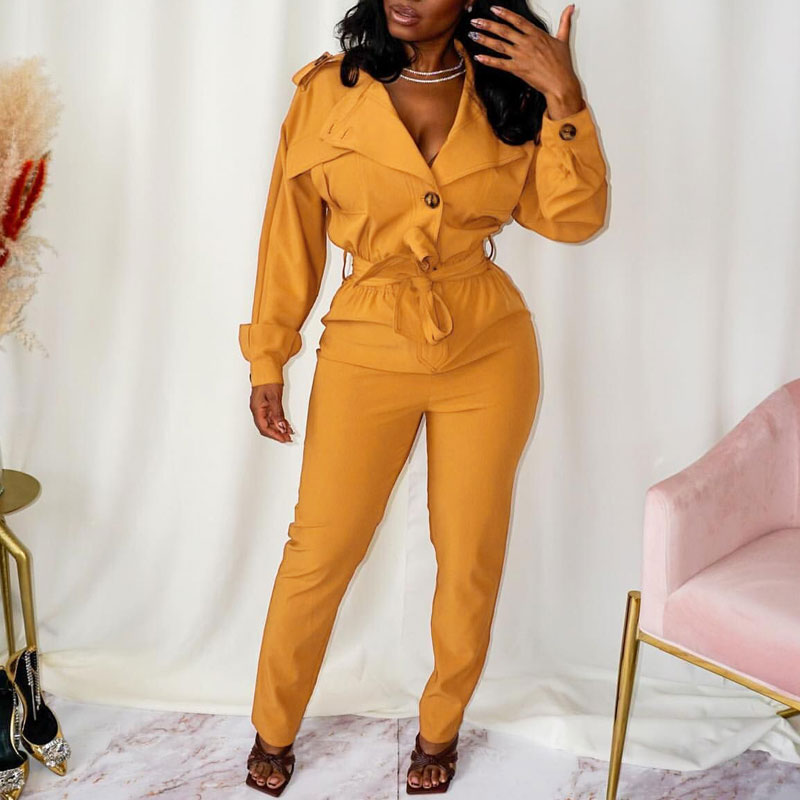 Solid V-Neck Long Sleeve Belted  Top & Pants Set