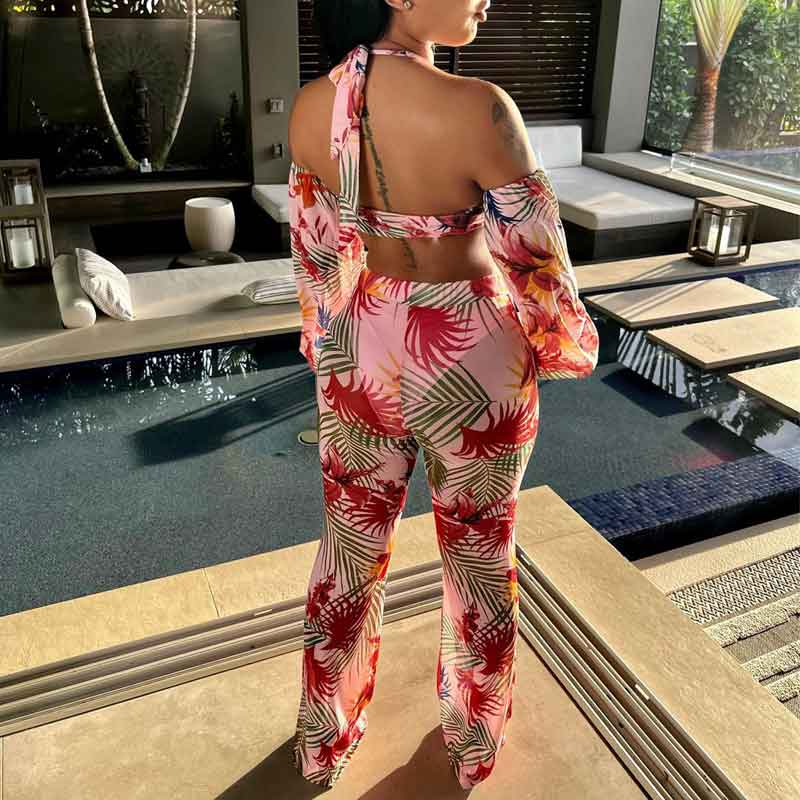 Leaf Print Halter Long Sleeve Tube Top & Pants Set