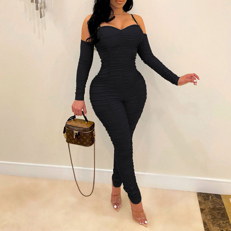 Solid Cold Shoulder Long Sleeve Ruched Jumpsuit