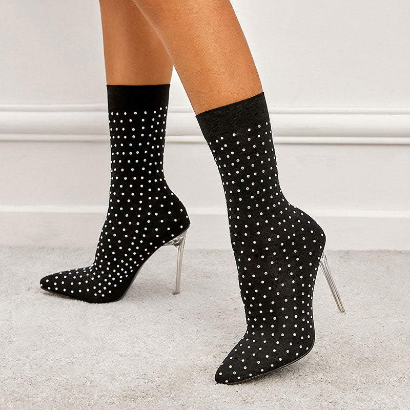 Rhinestone Pointed Toe Thin Heeled Booties