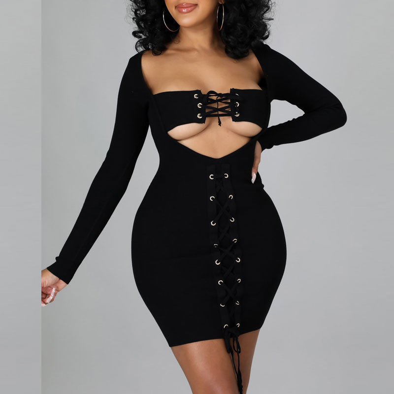 Solid Long Sleeve Cut Out Eyelet Lace Up Bodycon Dress