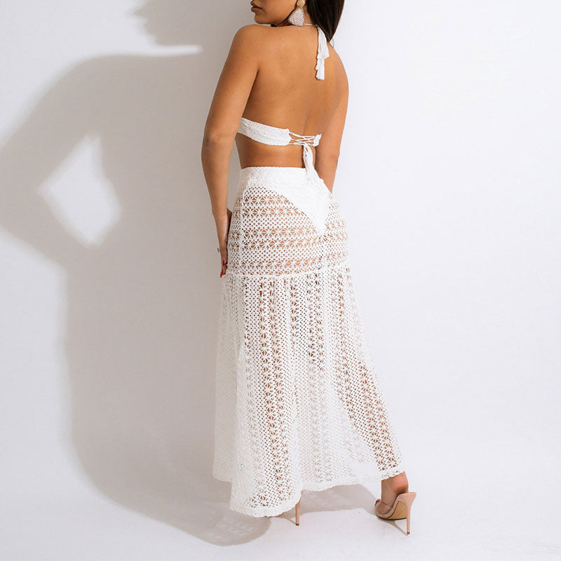 Solid Halter Tube Top & Hollow Out Mesh Skirt Set