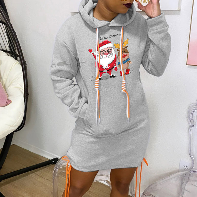 Santa Claus & Elk Pattern Long Sleeve Hoodie Dress