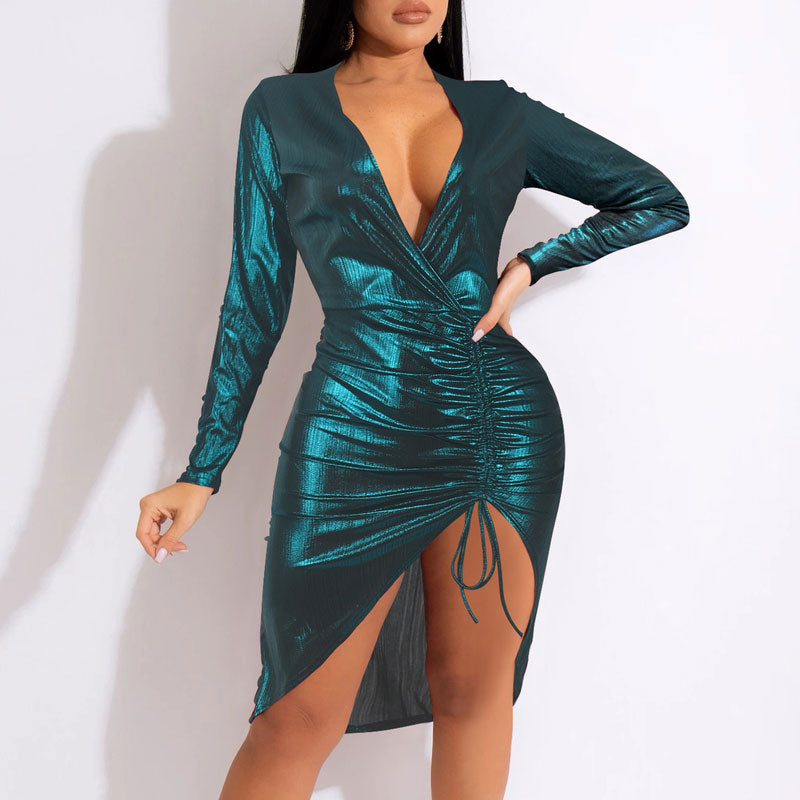 Solid Deep V-Neck Long Sleeve Drawstring Bodycon Dress