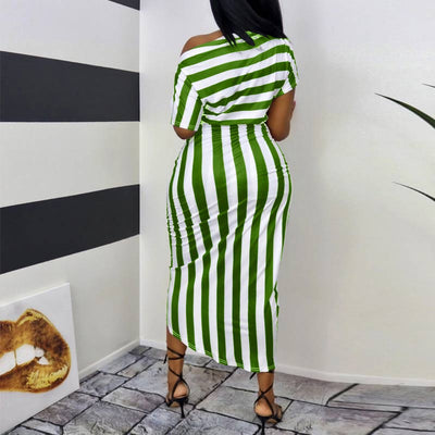 One Shoulder Stripe Pattern High Split Dress