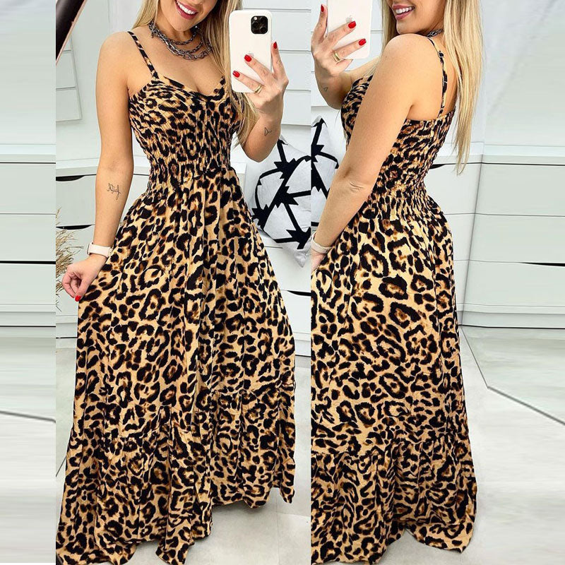 Leopard Print Sleeveless Spaghetti Strap Maxi Dress