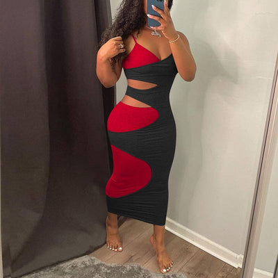 Colorblock Sleeveless Spaghetti Strap Cut Out Maxi Dress