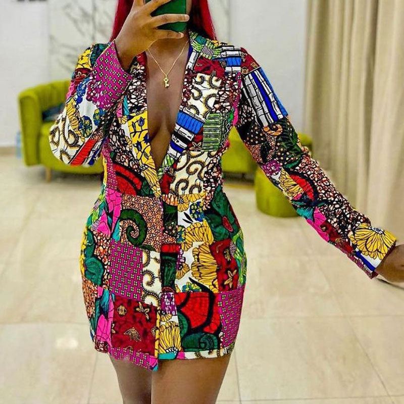 Printed Deep V-Neck Long Sleeve Blazer Dress