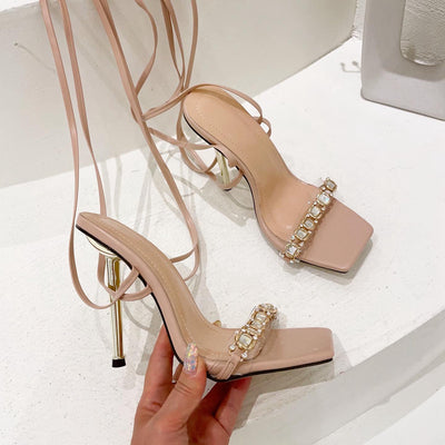 Rhinestone Lace Up Thin Heeled Sandals