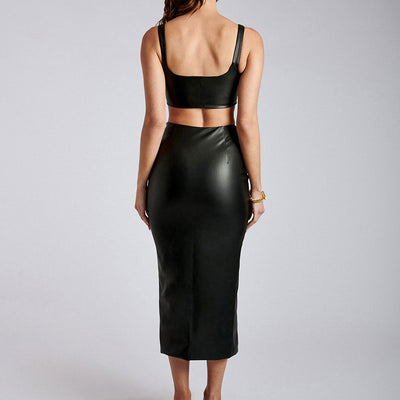 Solid PU Leather Tube Top & Slit Skirt Set
