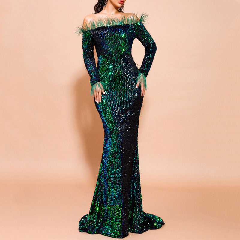 Sequins Off Shoulder Feather Design Floor-Length Evening Dress